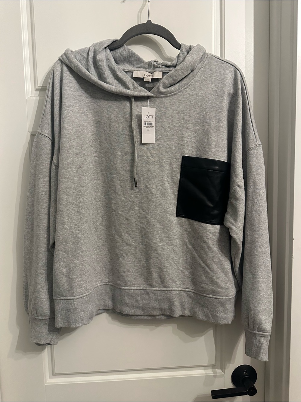 LOFT Gray Hooded Sweater with Black leather Pocket. NWT.